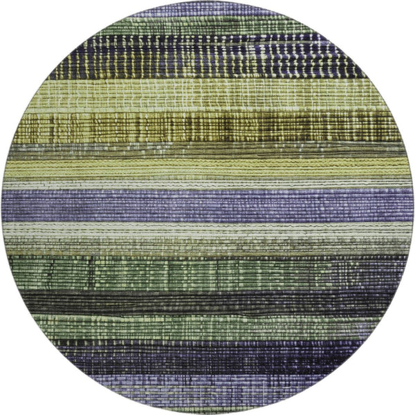 HomeRoots 8' Artichoke Green and Purple Striped Washable Round Rug – Durable, UV-Protected, Non-Slip Design 706442