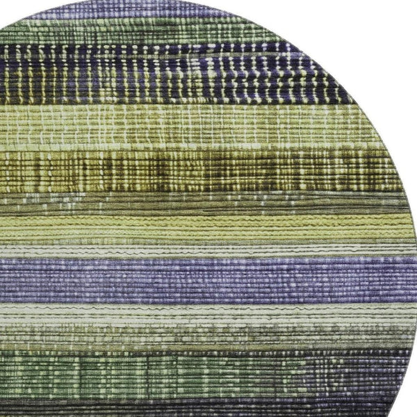 HomeRoots 8' Artichoke Green and Purple Striped Washable Round Rug – Durable, UV-Protected, Non-Slip Design 706442