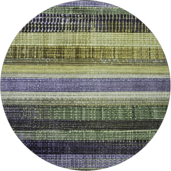 HomeRoots 8' Artichoke Green and Purple Striped Washable Round Rug – Durable, UV-Protected, Non-Slip Design 706442