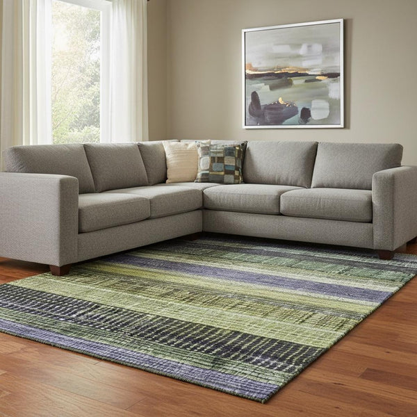 HomeRoots 8' X 10' Artichoke Green & Purple Striped Area Rug – Washable, UV-Protected, Stain-Resistant Design 706443