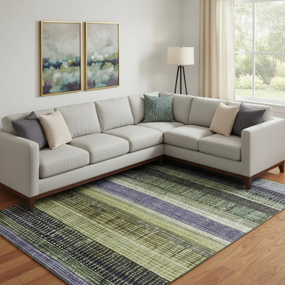 HomeRoots 9' X 12' Artichoke Green & Purple Striped Washable Area Rug - Durable, Stylish, UV Protected Design! 706444