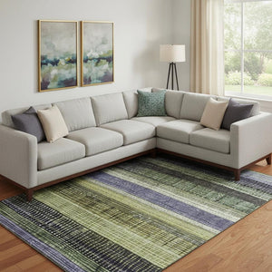 HomeRoots 9' X 12' Artichoke Green & Purple Striped Washable Area Rug - Durable, Stylish, UV Protected Design! 706444