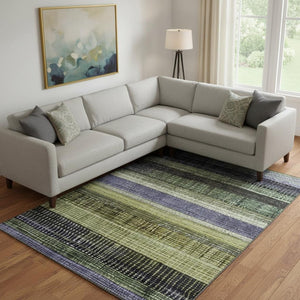 HomeRoots 10' X 14' Striped Washable Area Rug in Artichoke Green & Purple - UV Protected, Durable & Stylish! 706445