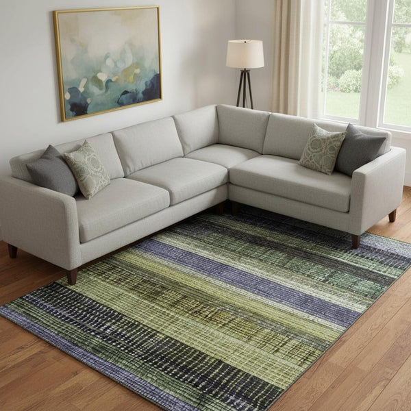 HomeRoots 10' X 14' Striped Washable Area Rug in Artichoke Green & Purple - UV Protected, Durable & Stylish! 706445