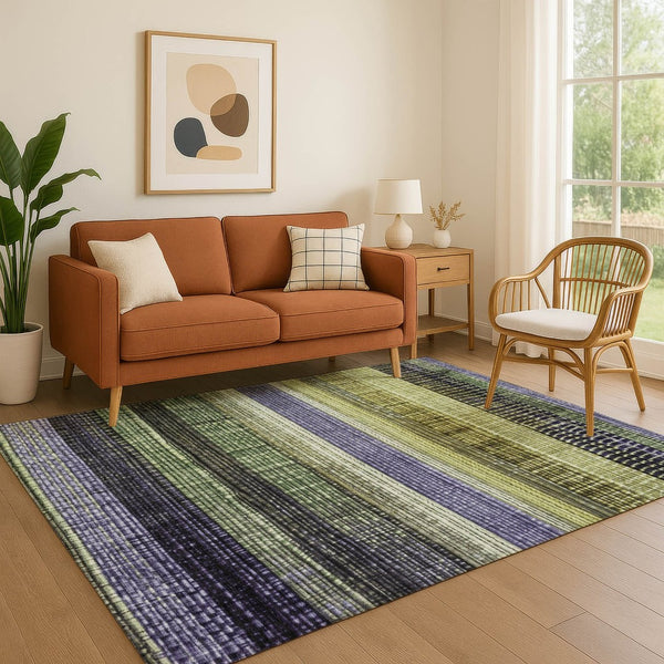 HomeRoots 10' X 14' Striped Washable Area Rug in Artichoke Green & Purple - UV Protected, Durable & Stylish! 706445