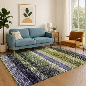 HomeRoots 10' X 14' Striped Washable Area Rug in Artichoke Green & Purple - UV Protected, Durable & Stylish! 706445