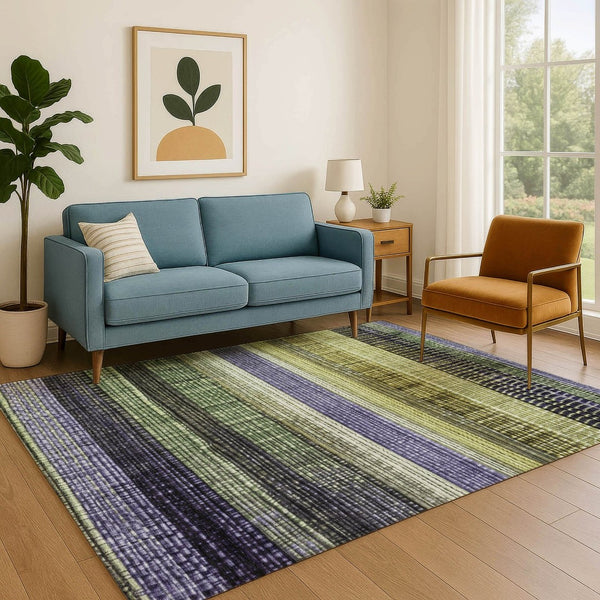 HomeRoots 10' X 14' Striped Washable Area Rug in Artichoke Green & Purple - UV Protected, Durable & Stylish! 706445