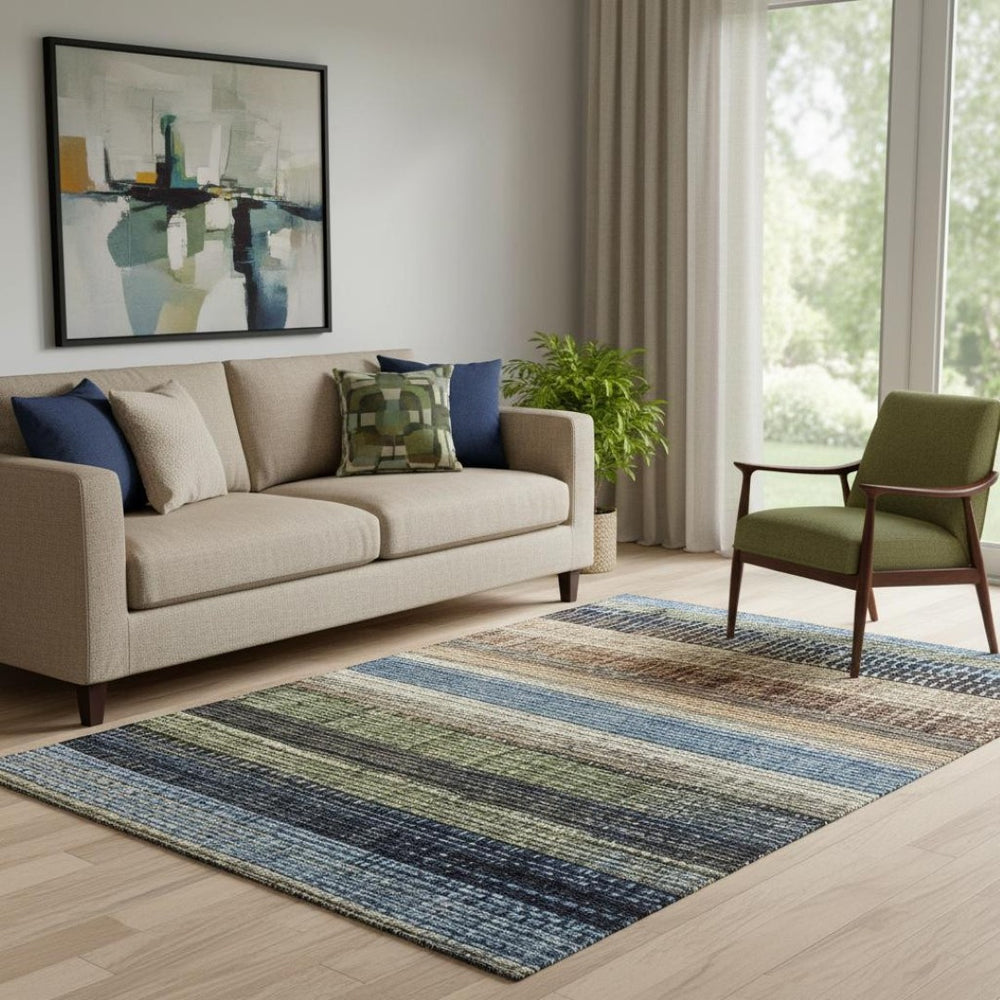 HomeRoots 5' Striped Washable Area Rug in Blue, Brown & Green – Durable, UV-Protected, Easy-Care Design! 706447