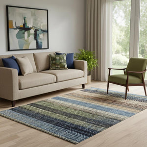 HomeRoots 5' Striped Washable Area Rug in Blue, Brown & Green – Durable, UV-Protected, Easy-Care Design! 706447