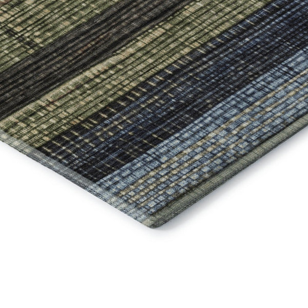 HomeRoots 5' Striped Washable Area Rug in Blue, Brown & Green – Durable, UV-Protected, Easy-Care Design! 706447