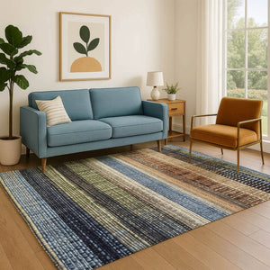 HomeRoots 5' Striped Washable Area Rug in Blue, Brown & Green – Durable, UV-Protected, Easy-Care Design! 706447