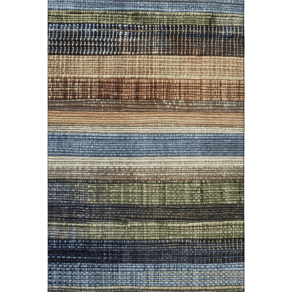 HomeRoots 5' Striped Washable Area Rug in Blue, Brown & Green – Durable, UV-Protected, Easy-Care Design! 706447