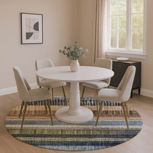 HomeRoots 8' Striped Washable Rug in Blue, Brown & Green - UV Protected, Durable for Homes with Kids & Pets 706448