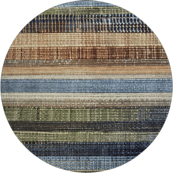 HomeRoots 8' Striped Washable Rug in Blue, Brown & Green - UV Protected, Durable for Homes with Kids & Pets 706448