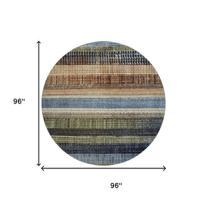 HomeRoots 8' Striped Washable Rug in Blue, Brown & Green - UV Protected, Durable for Homes with Kids & Pets 706448