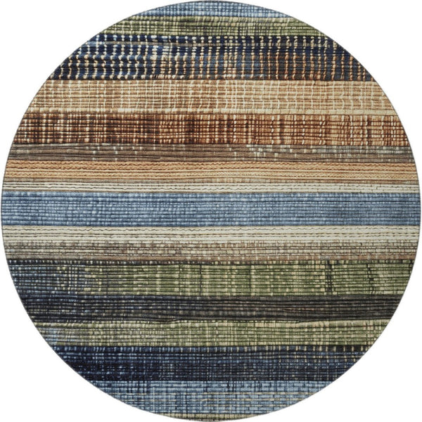 HomeRoots 8' Striped Washable Rug in Blue, Brown & Green - UV Protected, Durable for Homes with Kids & Pets 706448
