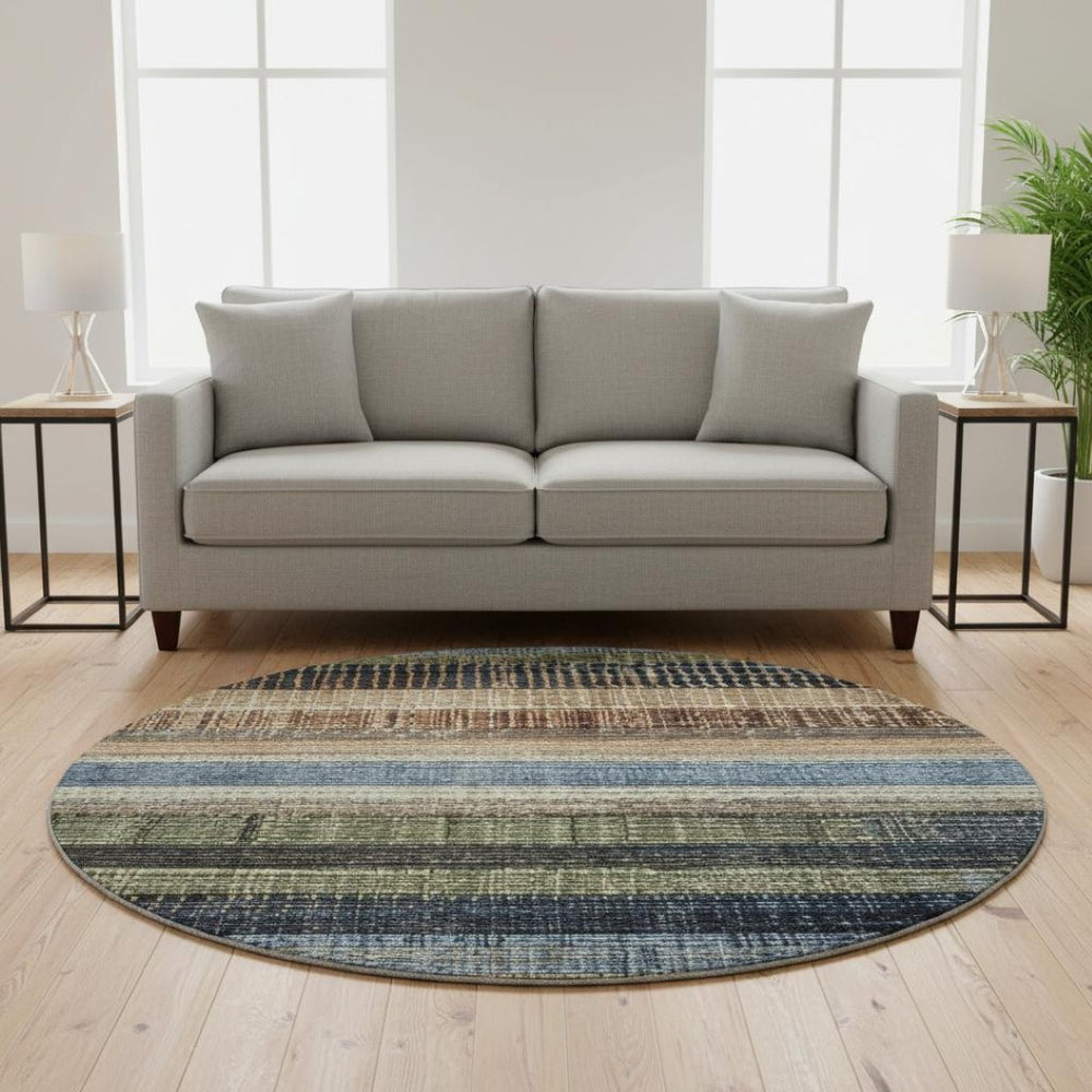 HomeRoots 8' Striped Washable Rug in Blue, Brown & Green - UV Protected, Durable for Homes with Kids & Pets 706448