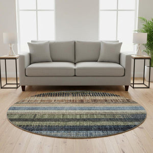HomeRoots 8' Striped Washable Rug in Blue, Brown & Green - UV Protected, Durable for Homes with Kids & Pets 706448