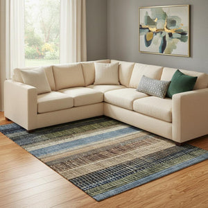 HomeRoots 8' X 10' Striped Washable Area Rug in Blue, Brown, and Green – UV Protected, Family-Friendly Design! 706449