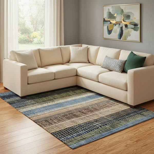 HomeRoots 8' X 10' Striped Washable Area Rug in Blue, Brown, and Green – UV Protected, Family-Friendly Design! 706449