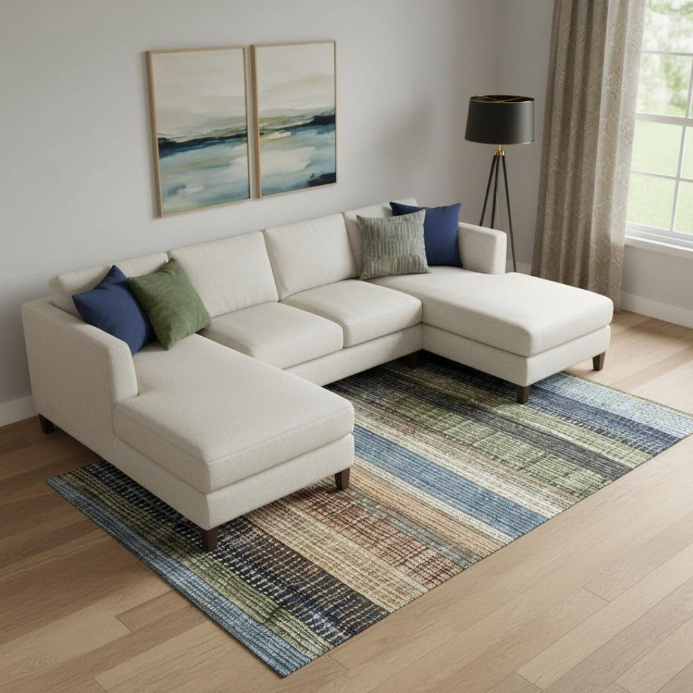 HomeRoots 9' X 12' Striped Area Rug in Blue, Brown & Green - Washable, UV Protected & Durable for High Traffic 706450
