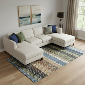 HomeRoots 9' X 12' Striped Area Rug in Blue, Brown & Green - Washable, UV Protected & Durable for High Traffic 706450