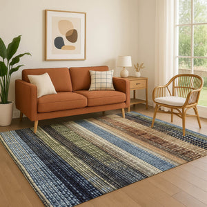 HomeRoots 9' X 12' Striped Area Rug in Blue, Brown & Green - Washable, UV Protected & Durable for High Traffic 706450