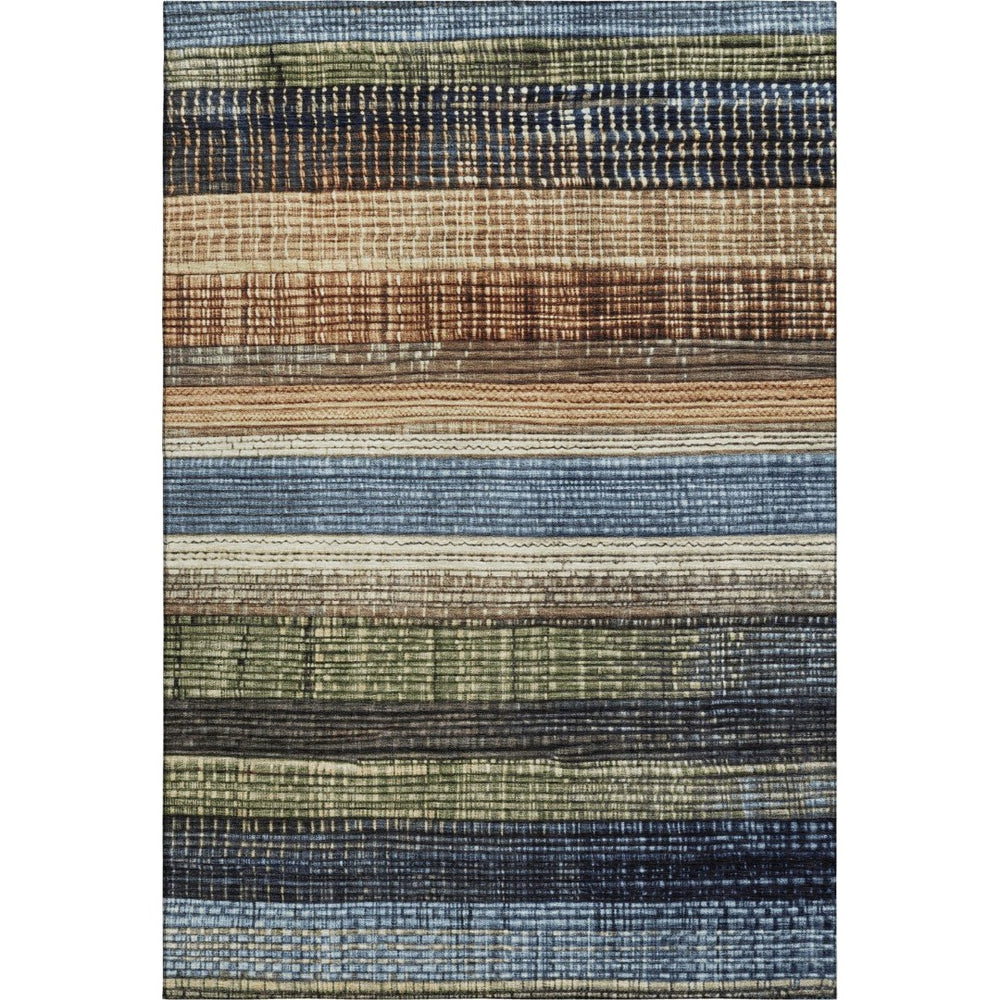 HomeRoots 9' X 12' Striped Area Rug in Blue, Brown & Green - Washable, UV Protected & Durable for High Traffic 706450