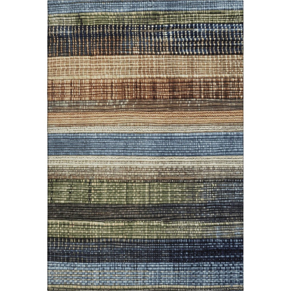 HomeRoots 9' X 12' Striped Area Rug in Blue, Brown & Green - Washable, UV Protected & Durable for High Traffic 706450