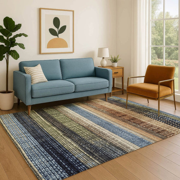 HomeRoots 9' X 12' Striped Area Rug in Blue, Brown & Green - Washable, UV Protected & Durable for High Traffic 706450