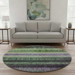 HomeRoots 8' Vibrant Purple and Green Striped Washable Round Rug with UV Protection for Active Homes 706454