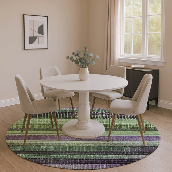 HomeRoots 8' Vibrant Purple and Green Striped Washable Round Rug with UV Protection for Active Homes 706454