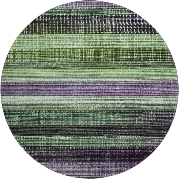 HomeRoots 8' Vibrant Purple and Green Striped Washable Round Rug with UV Protection for Active Homes 706454