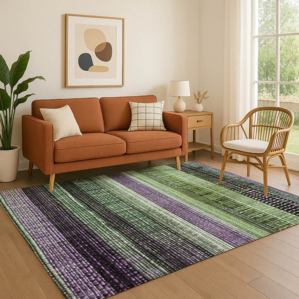 HomeRoots 8' X 10' Bold Purple and Green Striped Washable Area Rug with UV Protection for Active Homes 706455