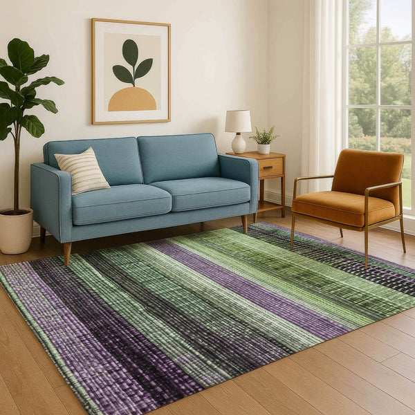 HomeRoots 8' X 10' Bold Purple and Green Striped Washable Area Rug with UV Protection for Active Homes 706455