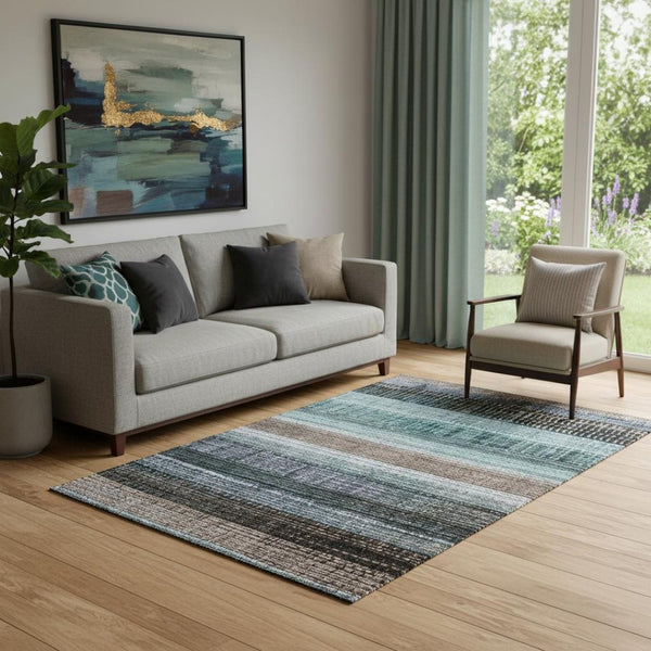HomeRoots 5' X 8' Stylish Teal & Brown Striped Area Rug - Washable, Stain Resistant, UV Protected for Durability 706459