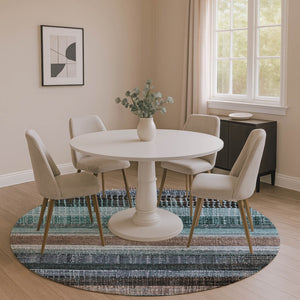 HomeRoots 8' Teal and Brown Striped Washable Round Rug - Durable, UV-Protected, Easy-Care for Modern Spaces 706460