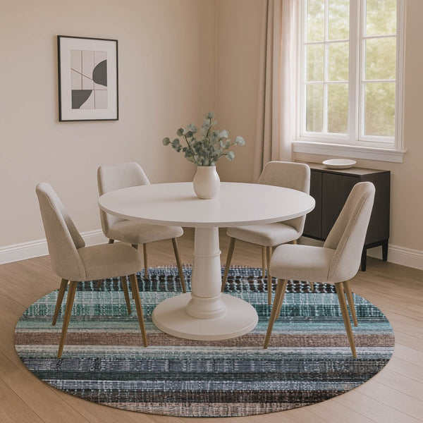 HomeRoots 8' Teal and Brown Striped Washable Round Rug - Durable, UV-Protected, Easy-Care for Modern Spaces 706460