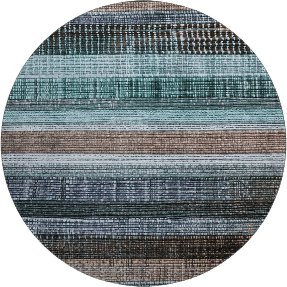 HomeRoots 8' Teal and Brown Striped Washable Round Rug - Durable, UV-Protected, Easy-Care for Modern Spaces 706460