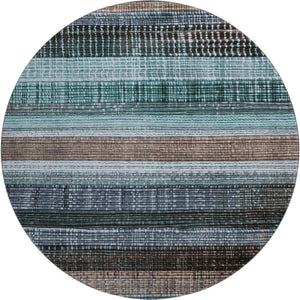 HomeRoots 8' Teal and Brown Striped Washable Round Rug - Durable, UV-Protected, Easy-Care for Modern Spaces 706460