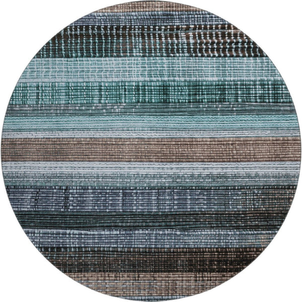 HomeRoots 8' Teal and Brown Striped Washable Round Rug - Durable, UV-Protected, Easy-Care for Modern Spaces 706460