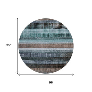 HomeRoots 8' Teal and Brown Striped Washable Round Rug - Durable, UV-Protected, Easy-Care for Modern Spaces 706460