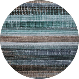 HomeRoots 8' Teal and Brown Striped Washable Round Rug - Durable, UV-Protected, Easy-Care for Modern Spaces 706460