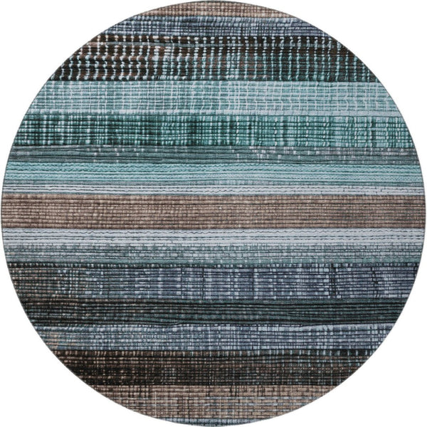 HomeRoots 8' Teal and Brown Striped Washable Round Rug - Durable, UV-Protected, Easy-Care for Modern Spaces 706460
