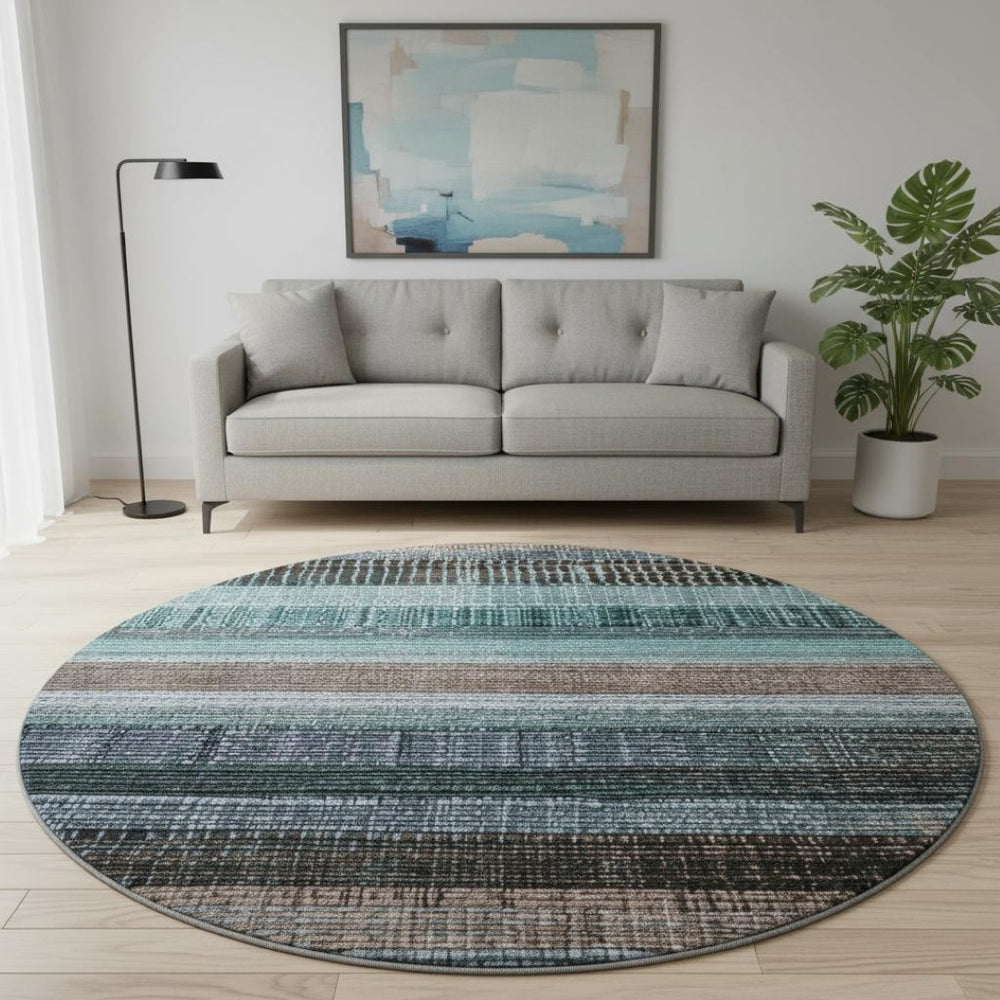 HomeRoots 8' Teal and Brown Striped Washable Round Rug - Durable, UV-Protected, Easy-Care for Modern Spaces 706460