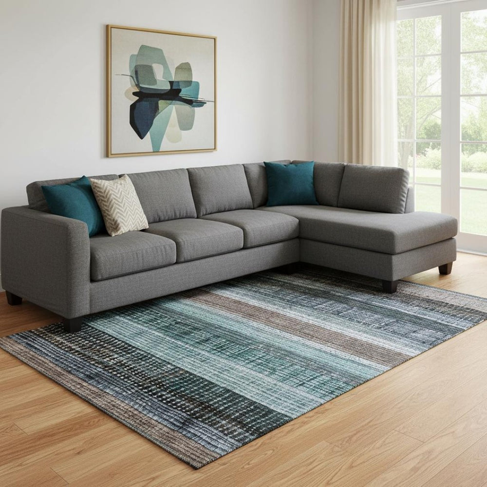 HomeRoots 8' X 10' Teal and Brown Striped Area Rug - Durable, Washable, UV-Protected for High-Traffic Homes 706461