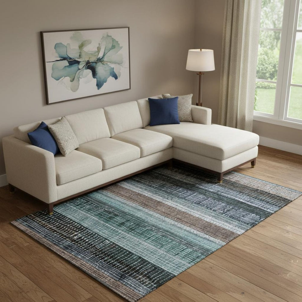 HomeRoots 9' X 12' Teal & Brown Striped Area Rug - Durable, Stain-Resistant, UV Protected for Stylish Living Spaces 706462