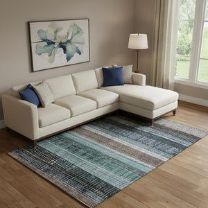 HomeRoots 9' X 12' Teal & Brown Striped Area Rug - Durable, Stain-Resistant, UV Protected for Stylish Living Spaces 706462