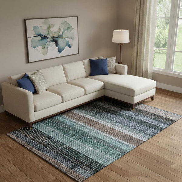 HomeRoots 9' X 12' Teal & Brown Striped Area Rug - Durable, Stain-Resistant, UV Protected for Stylish Living Spaces 706462