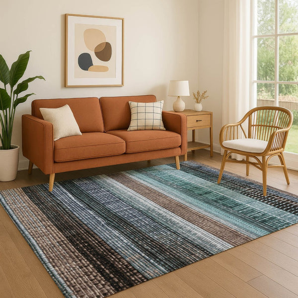 HomeRoots 9' X 12' Teal & Brown Striped Area Rug - Durable, Stain-Resistant, UV Protected for Stylish Living Spaces 706462
